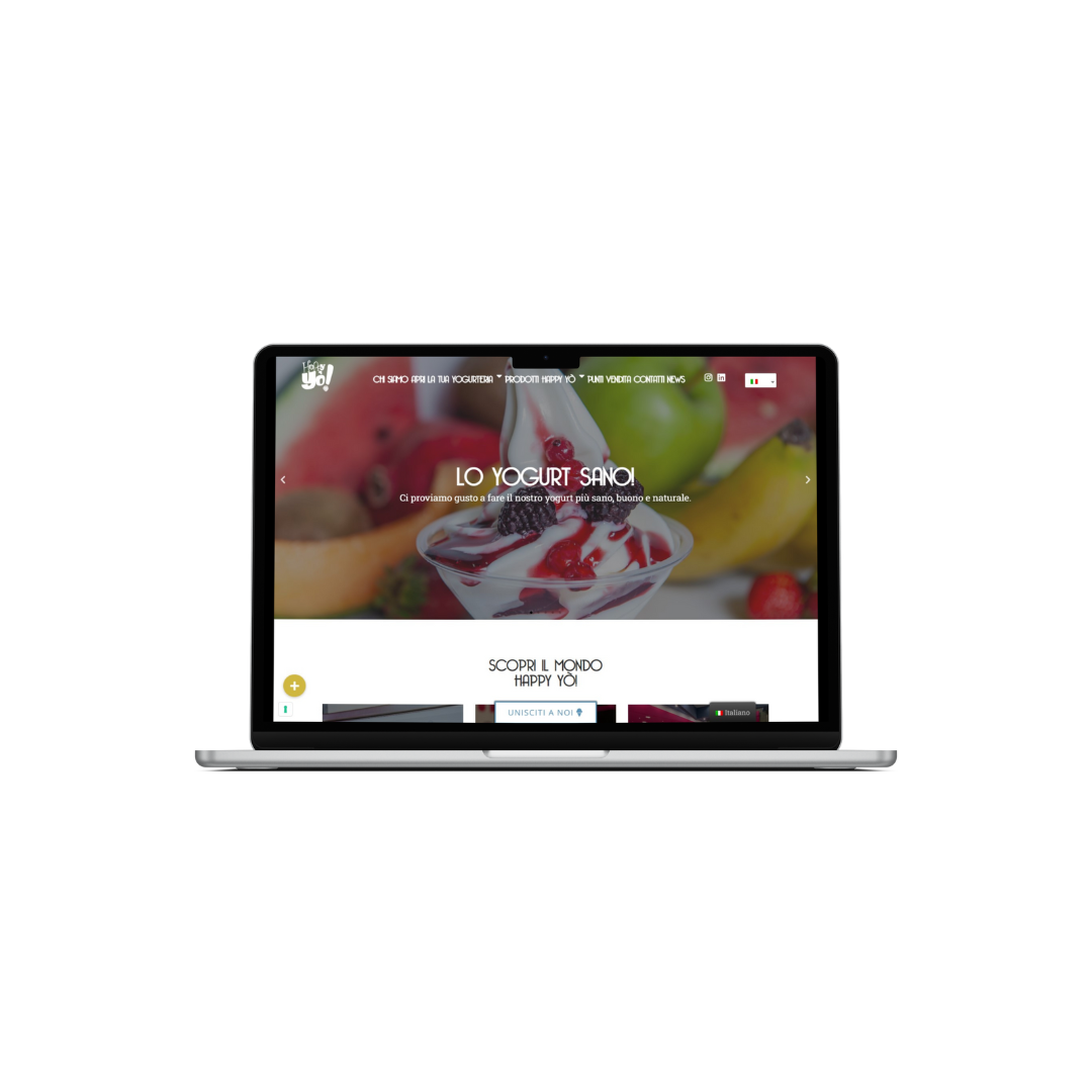 Laptop con sito web di yogurt sullo schermo.