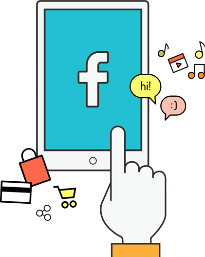 Icone social e acquisti intorno a un tablet.