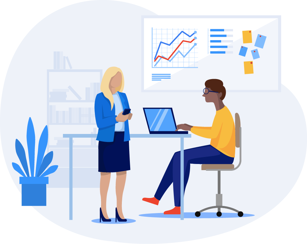 Due persone lavorano in ufficio con grafico sullo sfondo.