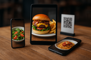 Tre dispositivi mobili su un tavolo di legno mostrano immagini di cibo - insalata, cheeseburger con patatine e spaghetti - insieme a un codice QR sullo sfondo, mostrando come il menu digitale possa migliorare l'esperienza di un ristorante.
