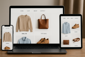Uno smartphone, un laptop e un tablet visualizzano la stessa homepage di un negozio di abbigliamento e-commerce con maglioni, camicie, una tote bag e scarpe su una scrivania di legno neutra, evidenziando i vantaggi dello shopping online per PMI.