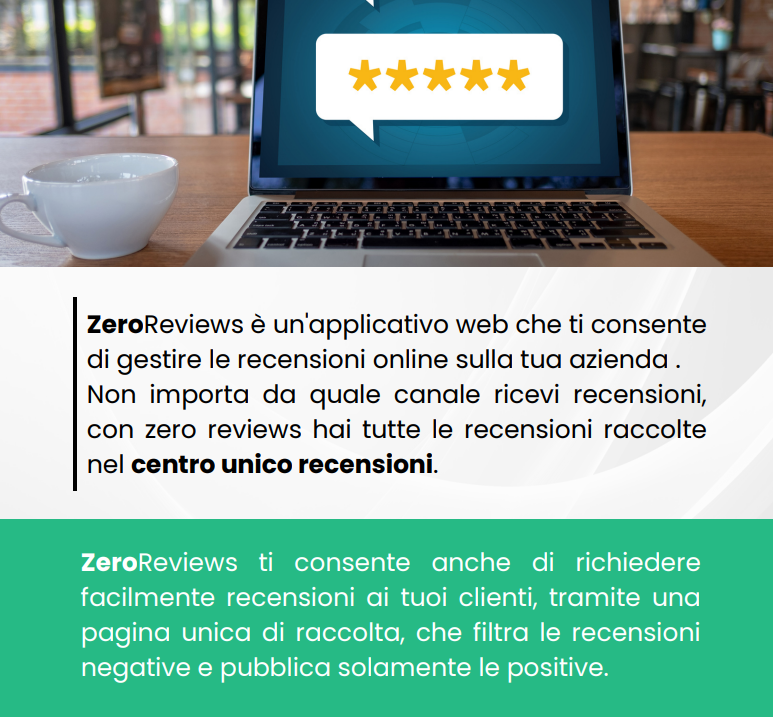 Laptop con recensioni a cinque stelle su schermo.