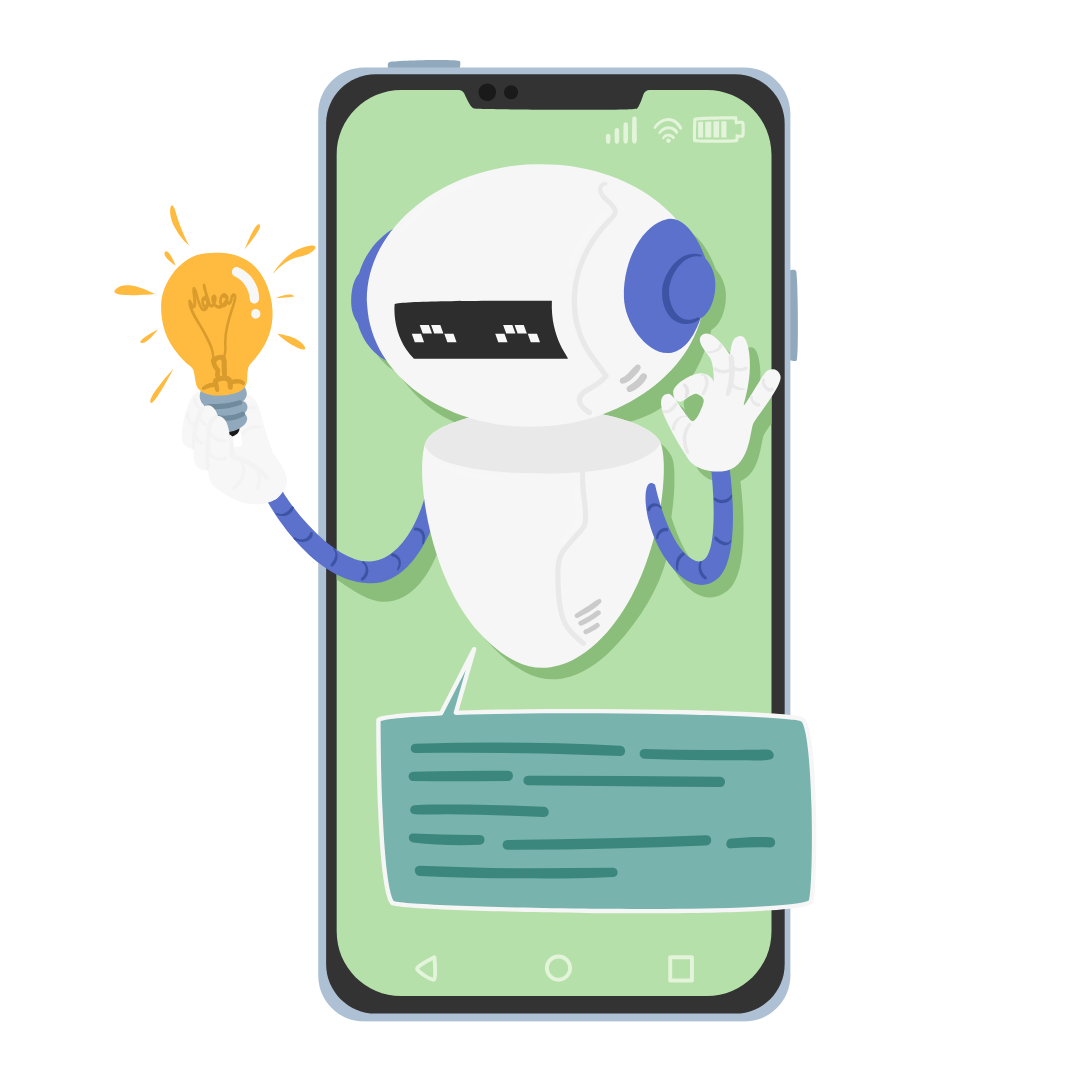 Robot su smartphone con lampadina e fumetto.