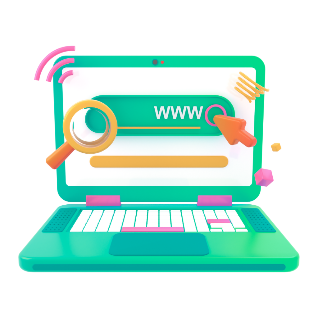 Laptop con icone di ricerca e URL "www".