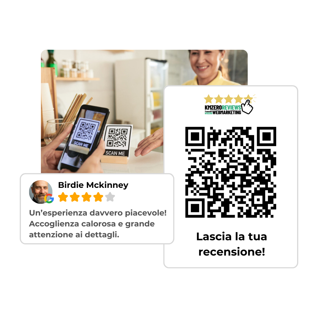Persona scansiona codice QR, recensione positiva visibile.