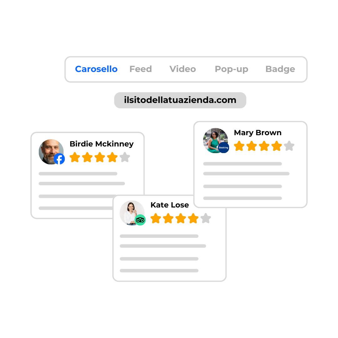 Recensioni clienti con valutazioni a stelle su sito web.