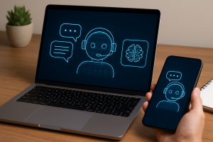 Laptop e smartphone con icone di intelligenza artificiale.
