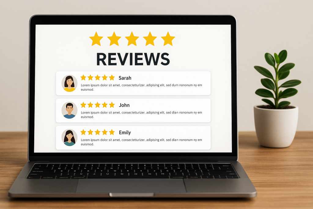 Schermo laptop con recensioni a cinque stelle.