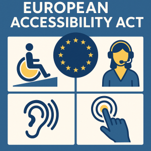 Grafica dell'Atto europeo sull'accessibilit&agrave; con i simboli dell'accesso in sedia a rotelle, delle stelle dell'UE, del servizio clienti, dell'udito e dell'accessibilit&agrave; tattile, che sottolinea l'importanza dell'accessibilit&agrave; dei siti web entro la scadenza del 28 giugno 2025.