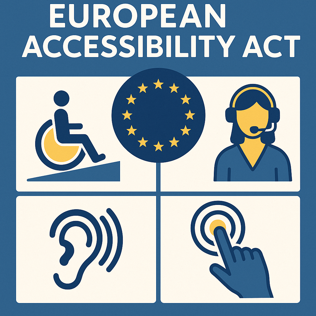 Grafica dell'Atto europeo sull'accessibilit&agrave; con i simboli dell'accesso in sedia a rotelle, delle stelle dell'UE, del servizio clienti, dell'udito e dell'accessibilit&agrave; tattile, che sottolinea l'importanza dell'accessibilit&agrave; dei siti web entro la scadenza del 28 giugno 2025.