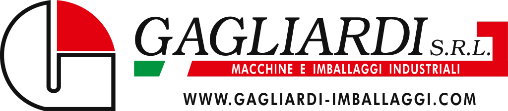 Logo per Gagliardi S.R.L. con simbolo G stilizzato, bandiera italiana, tagline Macchine e Imballaggi Industriali e sito web www.gagliardi-imballaggi.com. Creato con Km zero web marketing - Agenzia digitale a Viterbo.