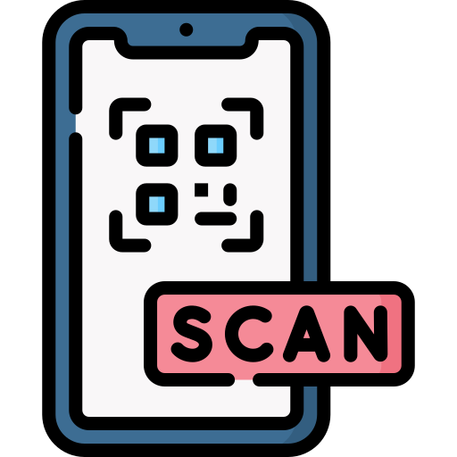Illustrazione dello schermo di uno smartphone che visualizza un codice QR, con un'etichetta rosa SCAN sovrapposta all'angolo in basso a destra, che rappresenta il Menu Digitale per i ristoranti.