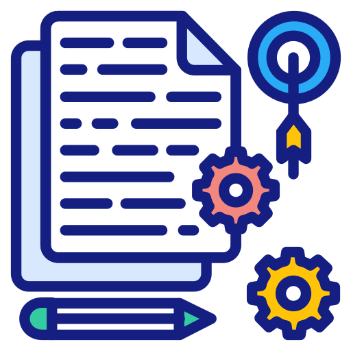 Illustrazione di un documento, una matita, degli ingranaggi e un obiettivo con una freccia, che rappresenta la pianificazione, la scrittura o la definizione di obiettivi per i ristoranti che implementano un menu digitale.