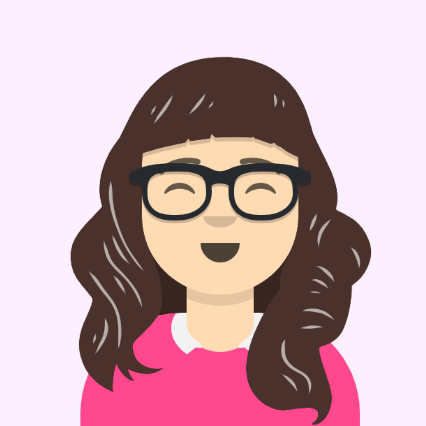 Illustrazione di una persona sorridente con lunghi capelli castani, occhiali neri e top rosa su uno sfondo viola chiaro, perfetta per rappresentare un'Agenzia di Web Marketing a Viterbo.