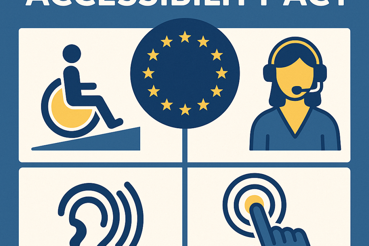 Grafica dell'Atto europeo sull'accessibilit&agrave; con i simboli dell'accesso in sedia a rotelle, delle stelle dell'UE, del servizio clienti, dell'udito e dell'accessibilit&agrave; tattile, che sottolinea l'importanza dell'accessibilit&agrave; dei siti web entro la scadenza del 28 giugno 2025.
